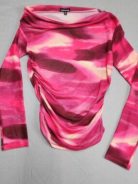 LoveWednesday Womens M Pink Abstract Mesh Ruched Cowl Neck Long Sleeve Blouse